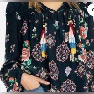 Johnny Was Navy Flowy Floral Top with Tassel Accents XL